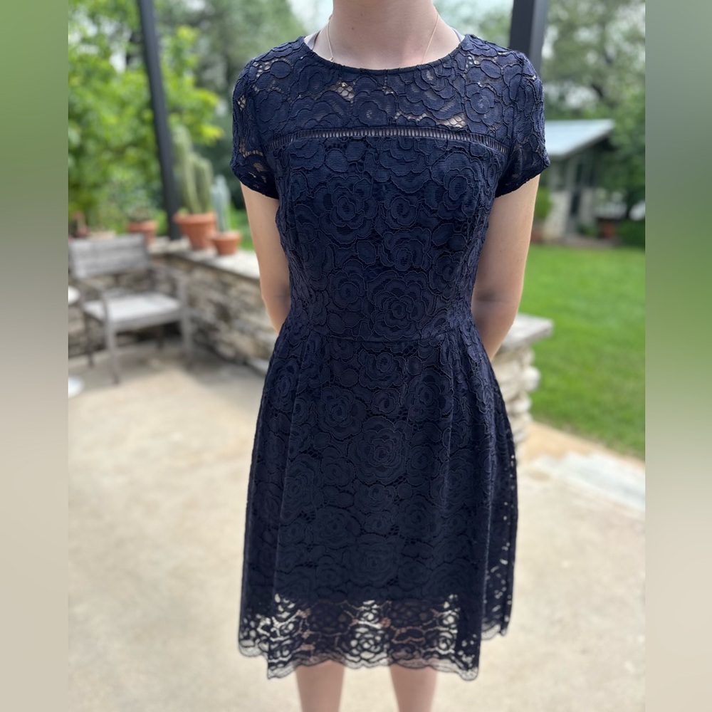 Ellen Tracy Navy Floral Lace Midi Dress